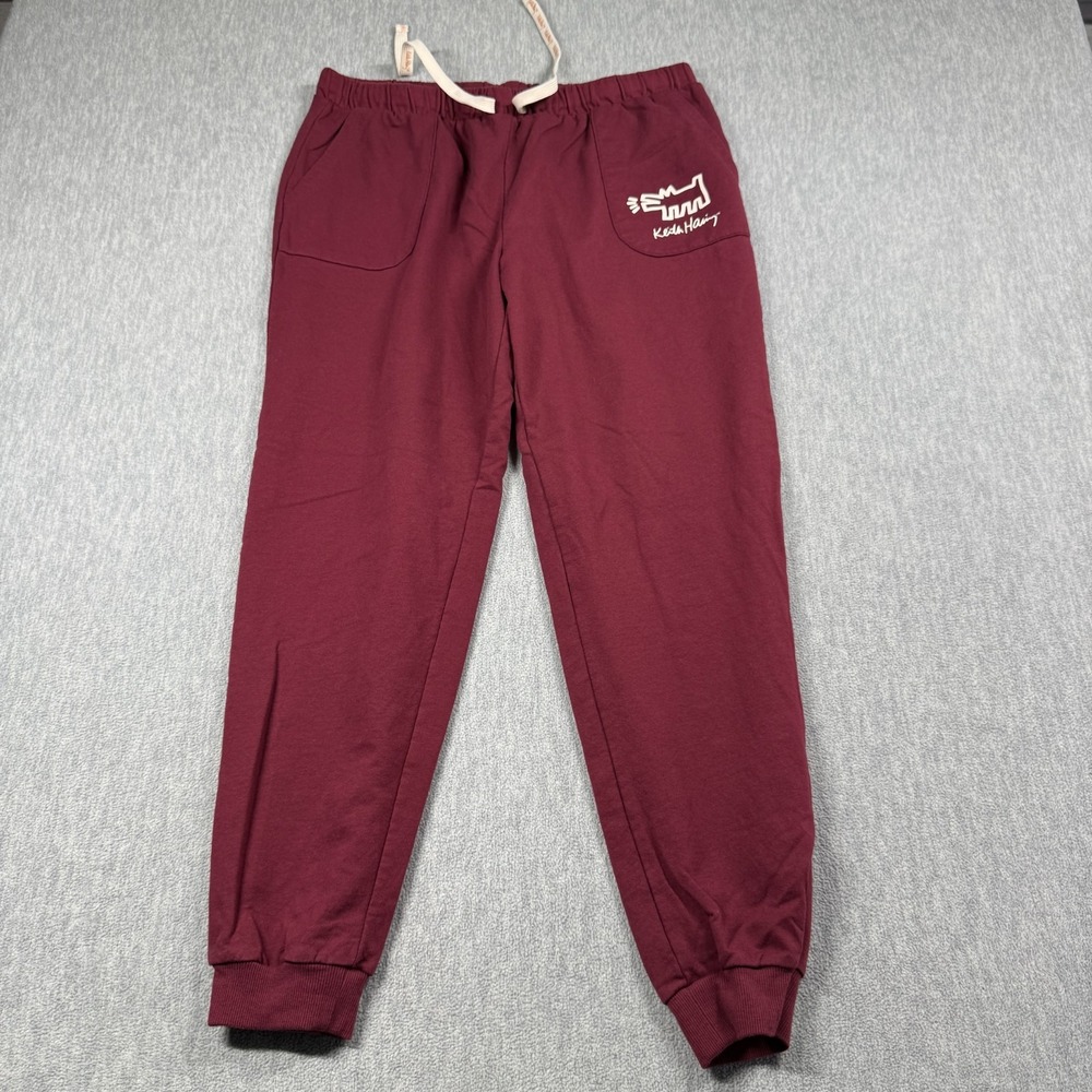 Keith Haring Sweatpants Womens M Burgundy Barking Dog Fleece Casual Joggers